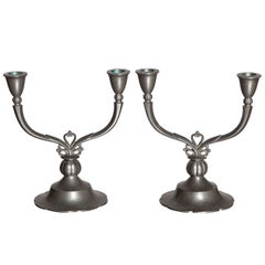 Pair of Just Andersen Crested Double Arm Pewter Candlesticks, 1929
