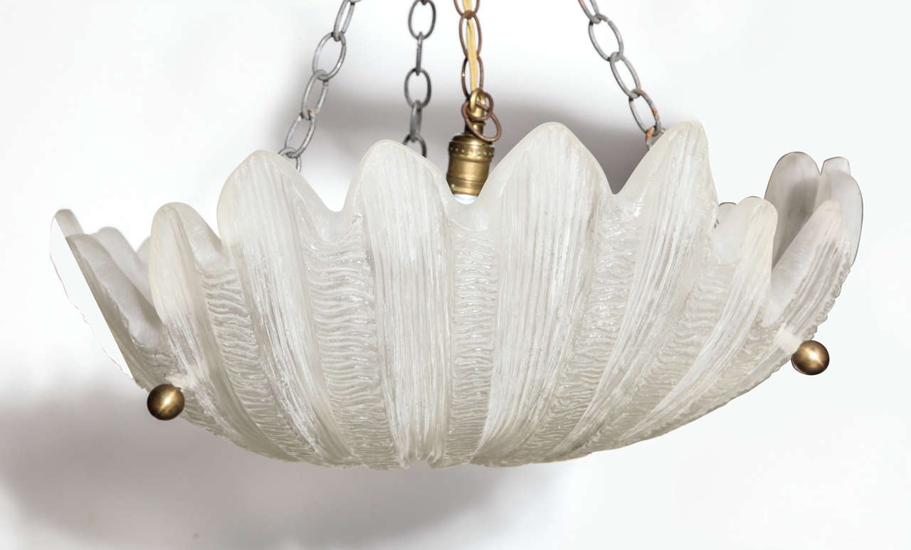 Early, Craig Corona for Sirmos Company Textured Translucent White Frosted Scallop Shell Chandelier, 1970s. Featuring an Off-White gossamer matte .75D cast resin scalloped shell form with triple Brass chain and ball details. Oceanic. Seashore.