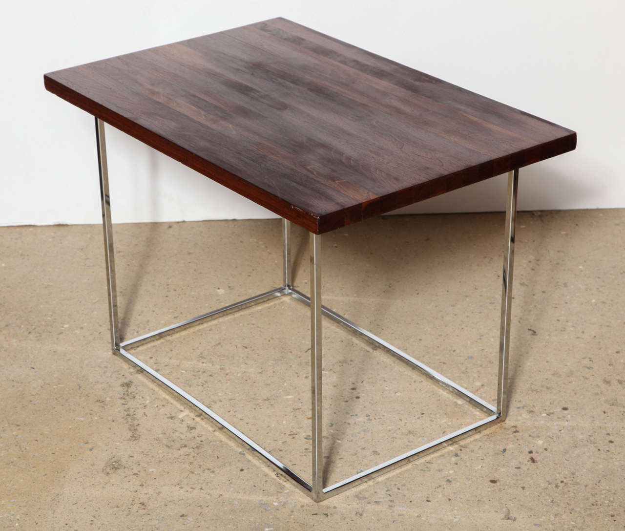 Milo Baughman for Thayer Coggin Chrome and Walnut End Table, Side Table, Nightstand, Circa 1970. Featuring an open rectangular 1.25D Chrome framework (16 x 24.5 x 19H)  with thick solid (1 1/8D) darkly finished Black Walnut surface. Versatile.