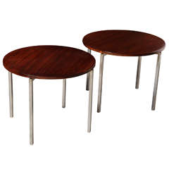 Vintage pair of round 1960's Knoll Brushed Steel & Walnut Occassional Tables