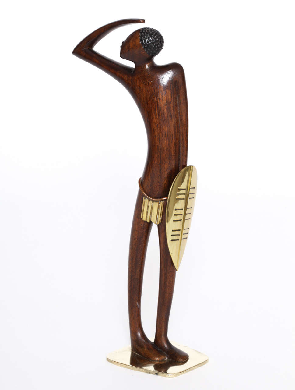 Mid-Century Modern Karl Hagenauer Carved Wood and Brass African Tribesman, circa 1950 For Sale