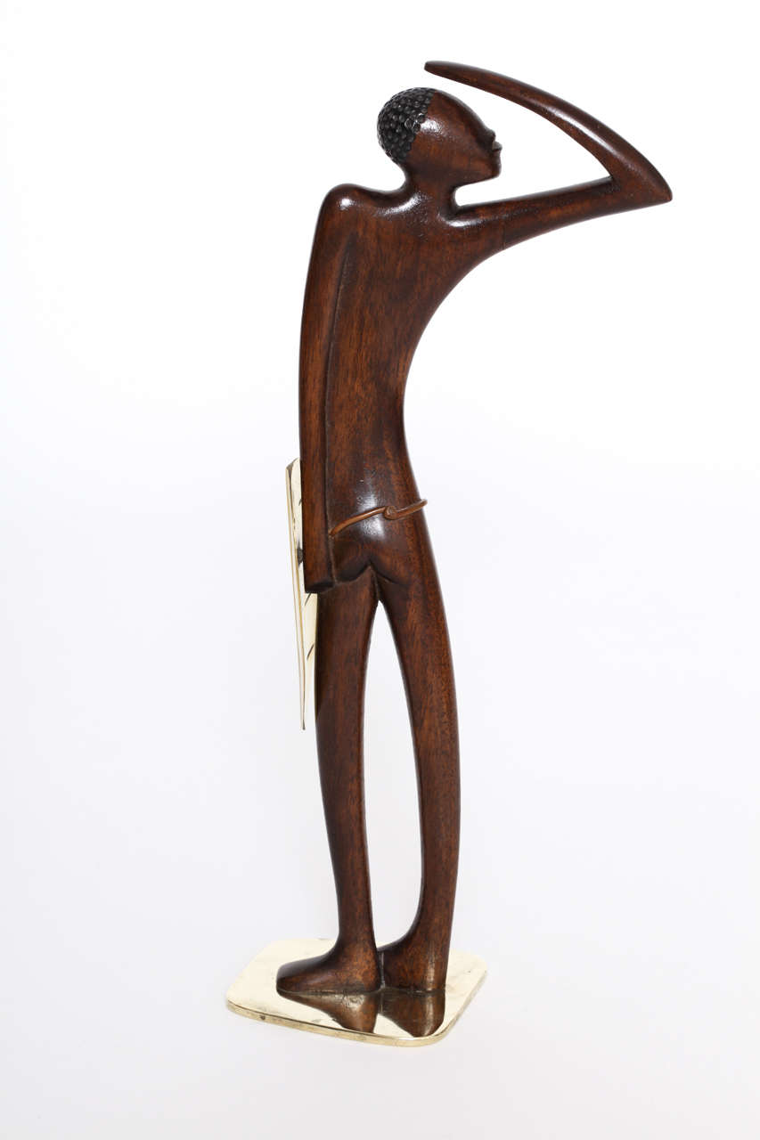 Mid-20th Century Karl Hagenauer Carved Wood and Brass African Tribesman, circa 1950 For Sale