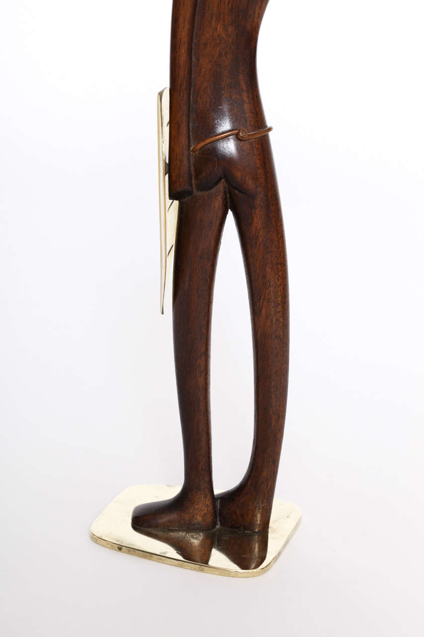 Karl Hagenauer Carved Wood and Brass African Tribesman, circa 1950 For Sale 1