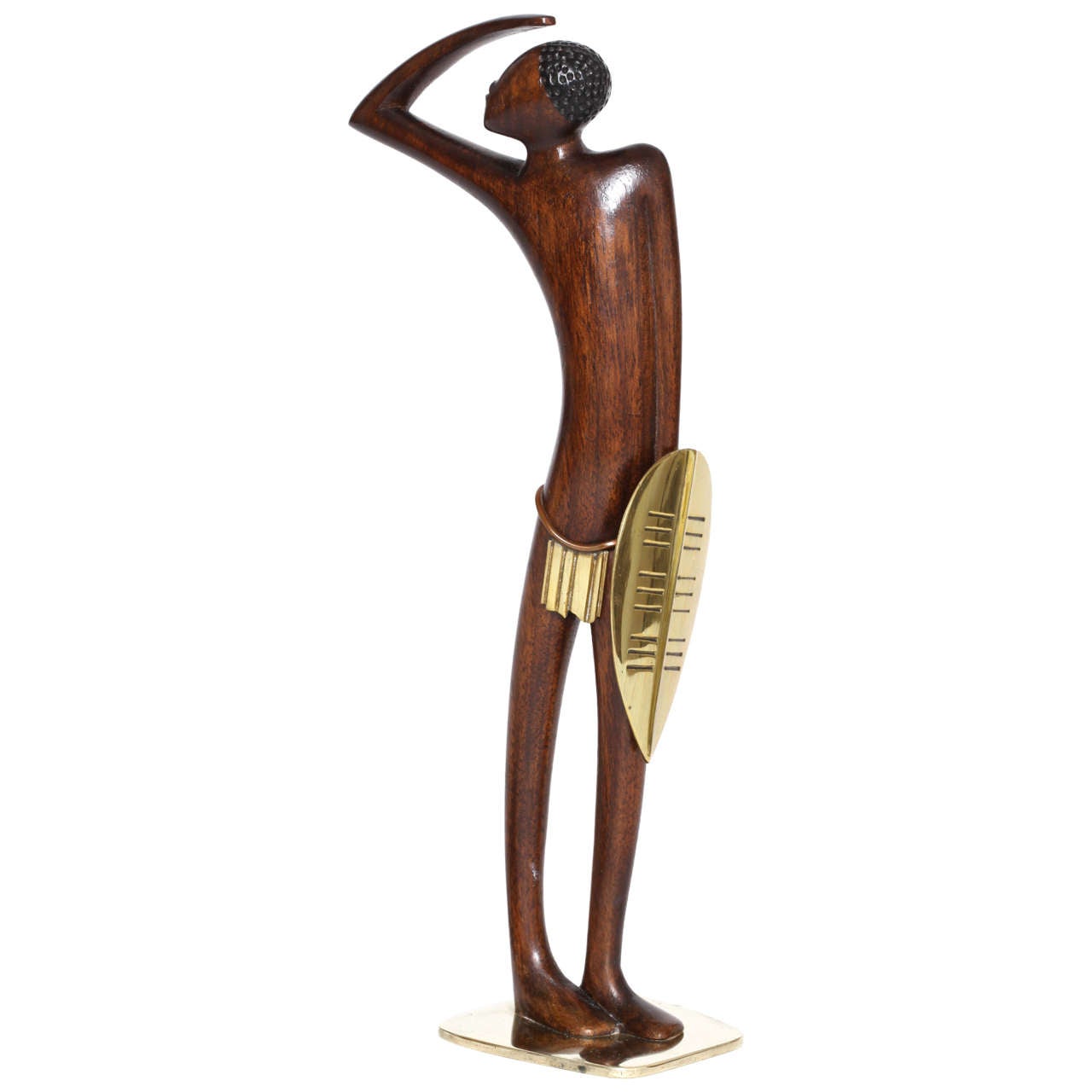 Karl Hagenauer Carved Wood and Brass African Tribesman, circa 1950 For Sale