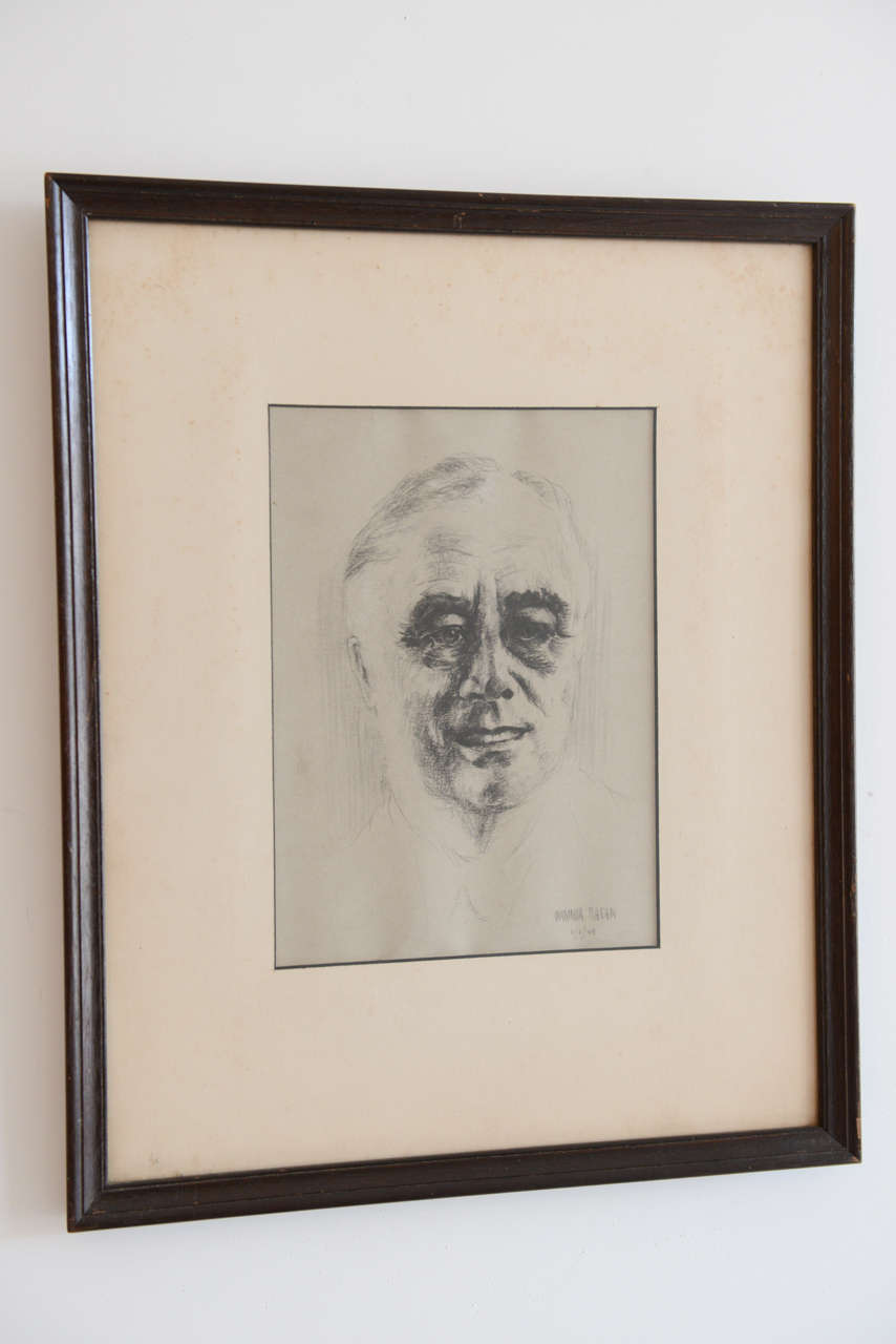 A rare find of a framed sketch of FDR, Americas 32nd President. Signed and dated by Vladimir Kagan 6/6/45.