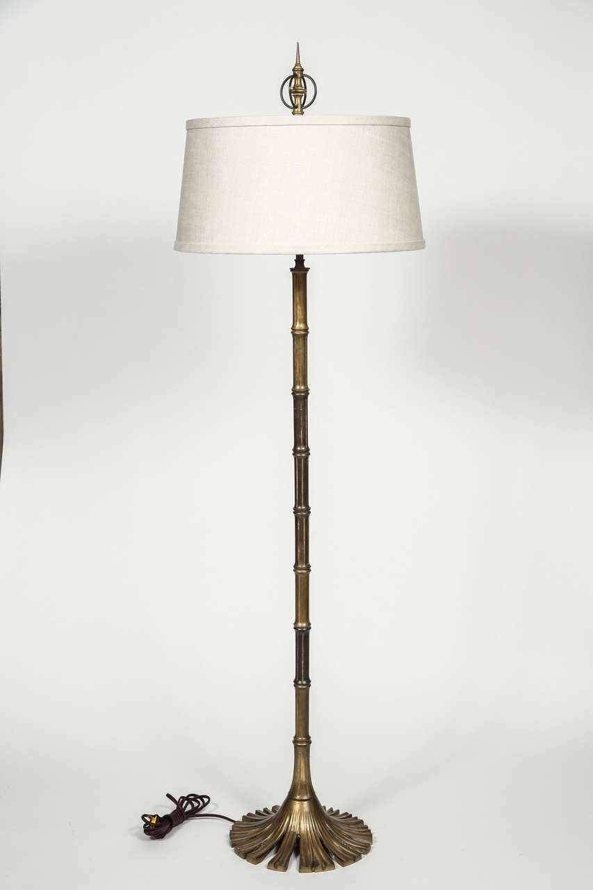 Vintage brass bamboo floor lamp with large orb finial. Newly rewired and new linen shade.