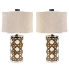 Pair of Vintage Table Lamps with Wood and Shell Veneer