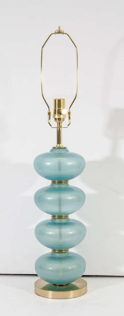 Pair of Mid Century Blue Stacked Murano Glass Table Lamps