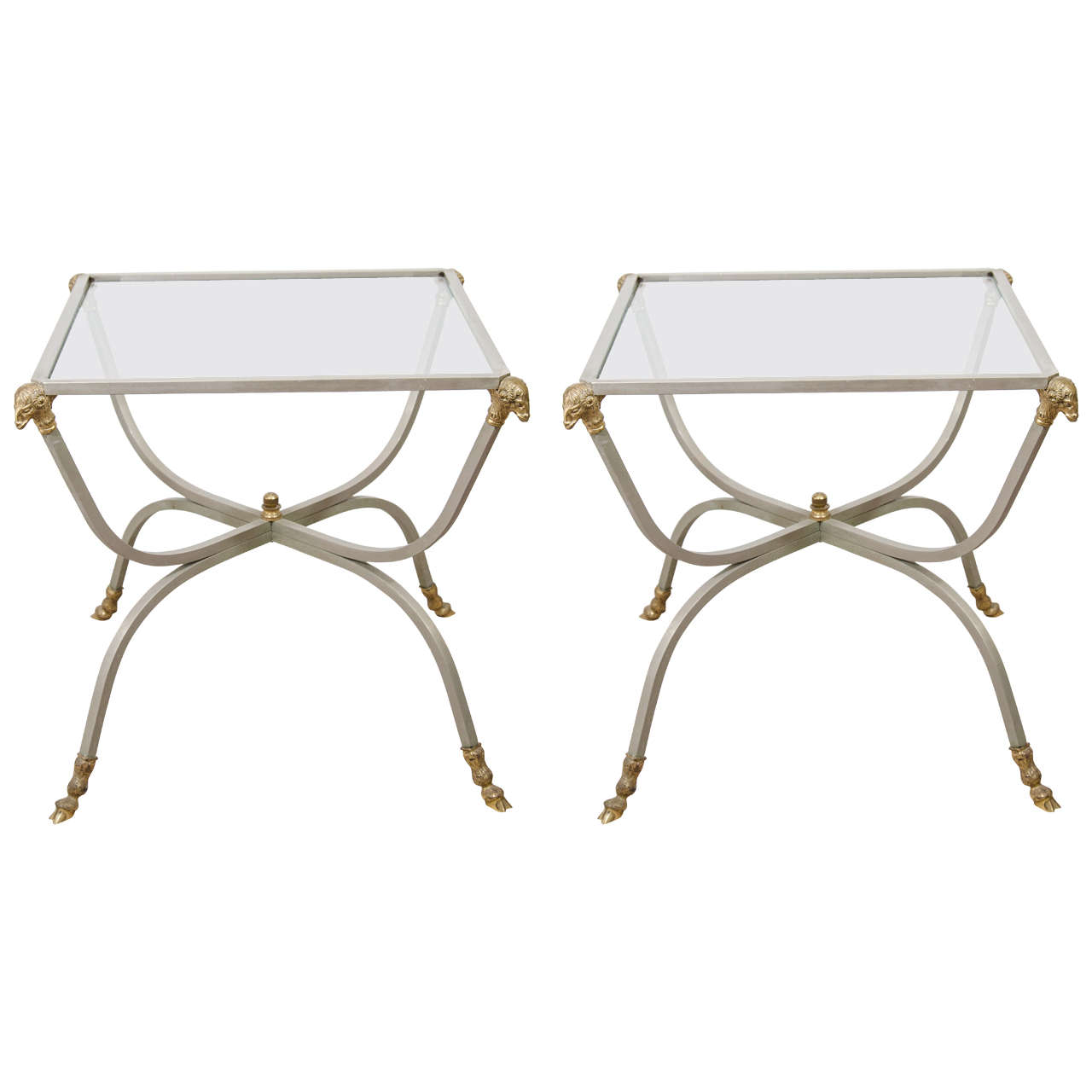 Fantastic Pair of Maison Jansen Brushed Steel 
Brass Ram Head 
Hoof Tables For Sale