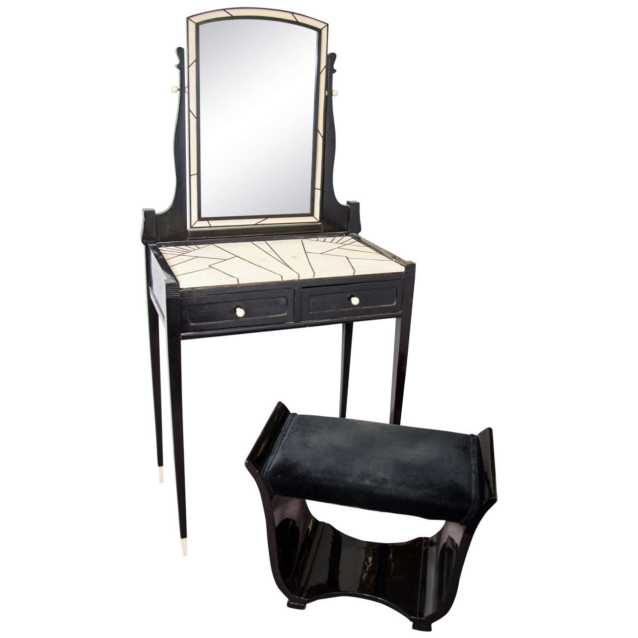  Amazing & Rare Art Deco Shagreen Maurice Dufrene Vanity with Matching Bench For Sale