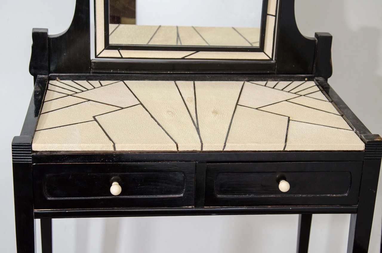 Inlay  Amazing & Rare Art Deco Shagreen Maurice Dufrene Vanity with Matching Bench For Sale