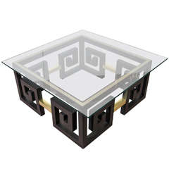 Mid Century Greek Key Coffee Table with Brass Accents