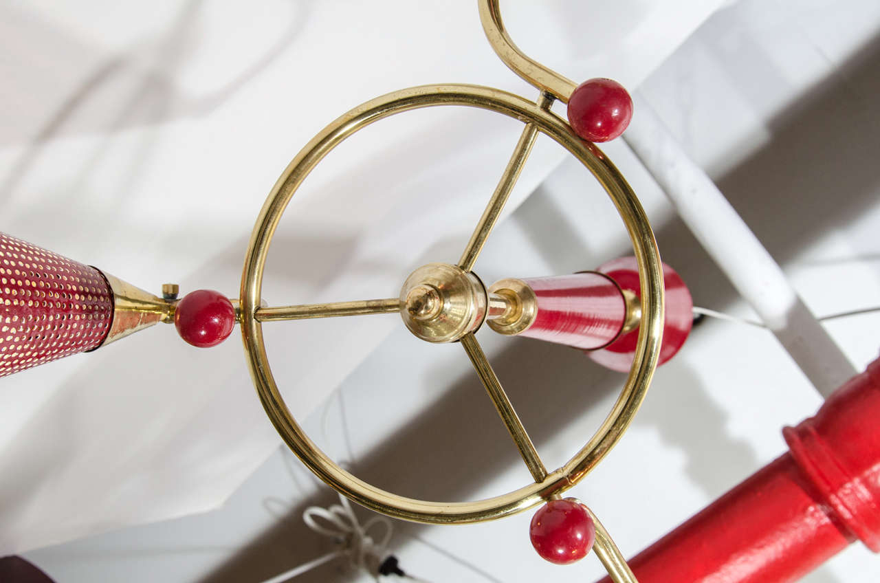 Italian Mid-Century Modern Three-Arm Chandelier in Brass and Red Enamel 1