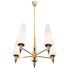 Mid Century Brass Chandelier w/ Frosted Glass Shades Attributed to Stilnovo