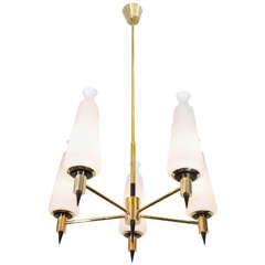 Mid Century Stilnovo Brass Chandelier w/ Frosted Glass Shades 7
