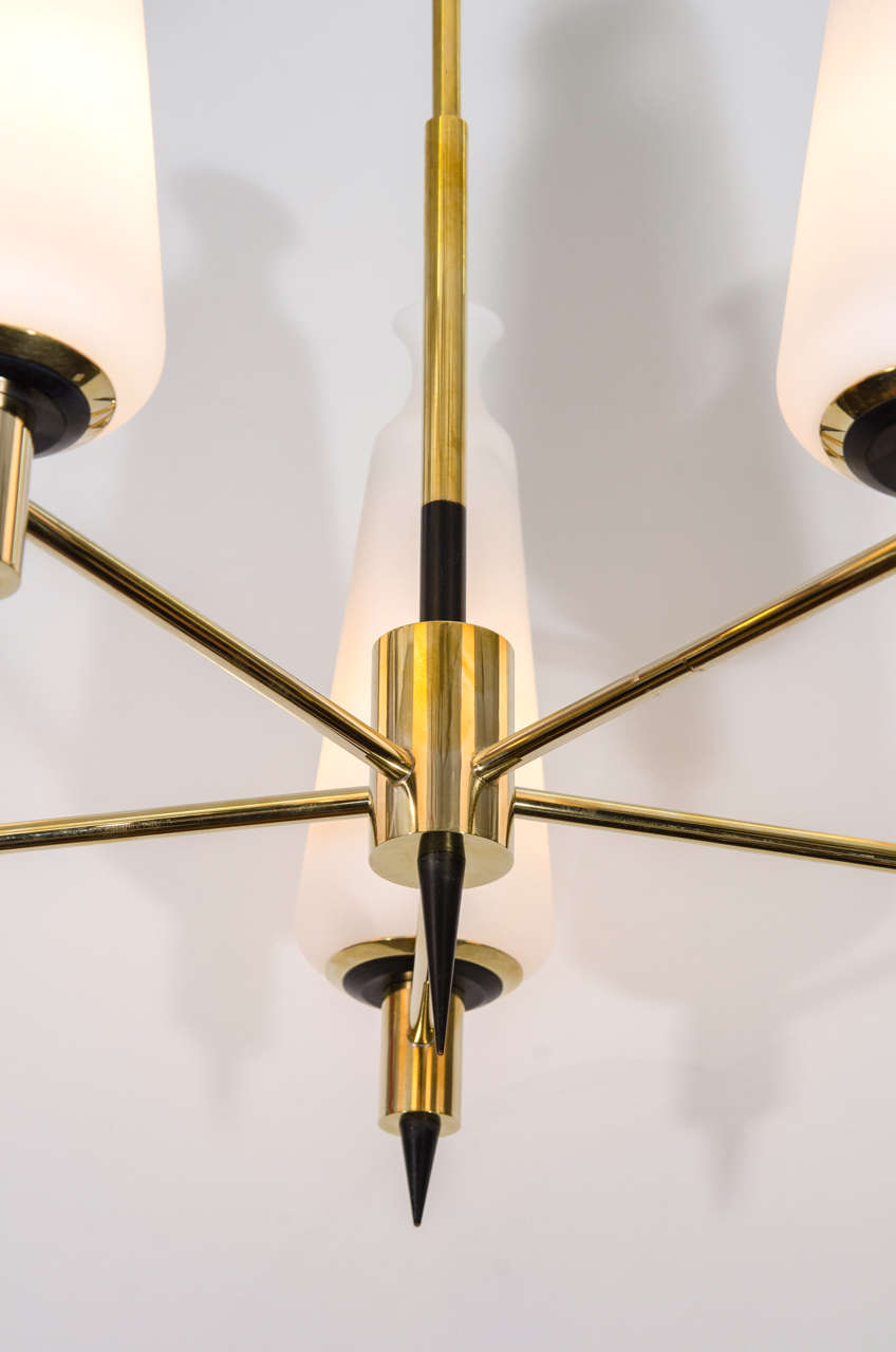 Italian Mid Century Brass Chandelier w/ Frosted Glass Shades Attributed to Stilnovo