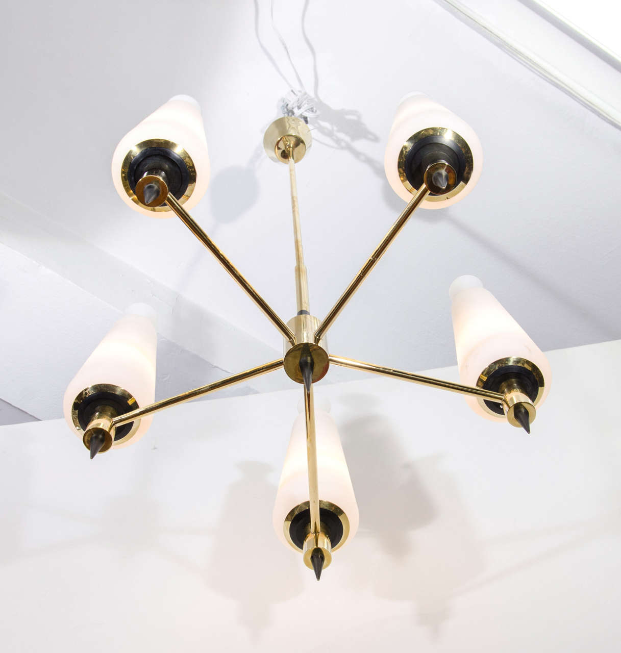 20th Century Mid Century Brass Chandelier w/ Frosted Glass Shades Attributed to Stilnovo