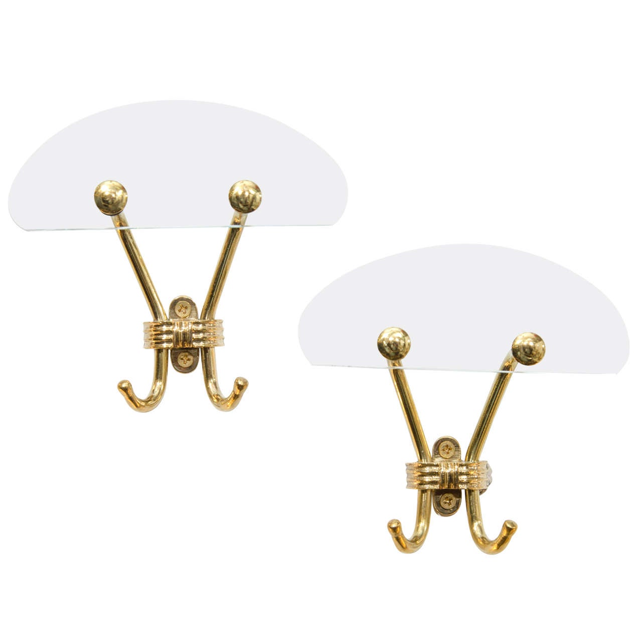 Pair of Mid Century Coat Racks in Brass and Glass