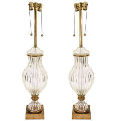 Mid Century Pair of Murano Glass Urn Form Lamps