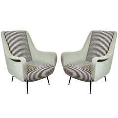 A Mid Century Pair of Italian Arm Chairs w/ Striped Upholstery