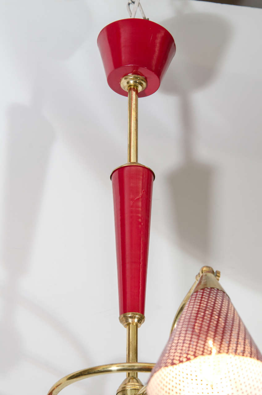 Italian MidCentury Modern ThreeArm Chandelier in Brass and Red Enamel