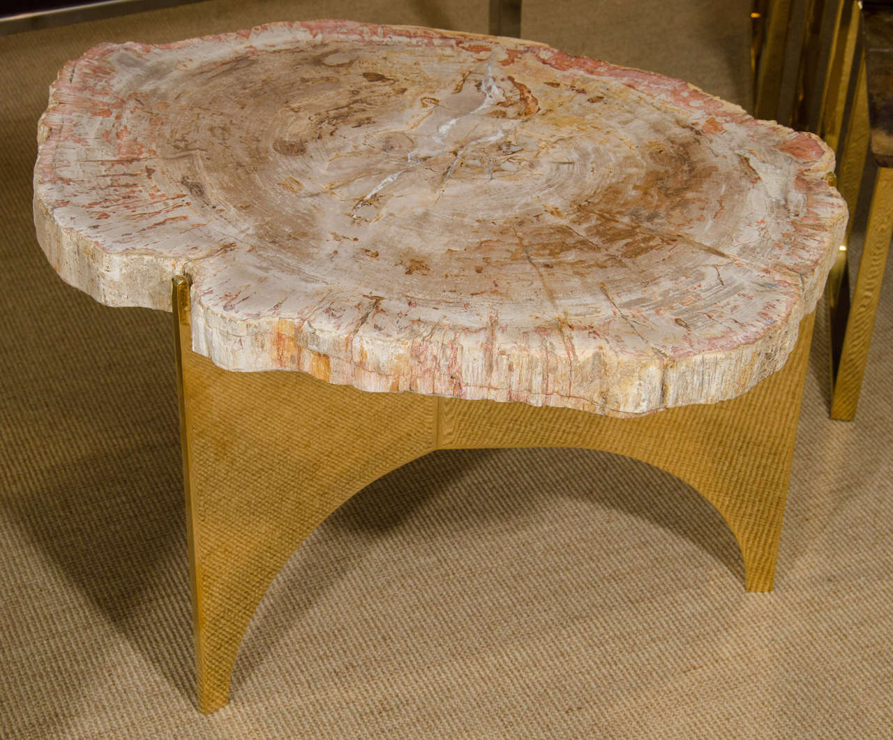 American Limited Edition Custom-Made Petrified Wood and Polished Bronze Table For Sale