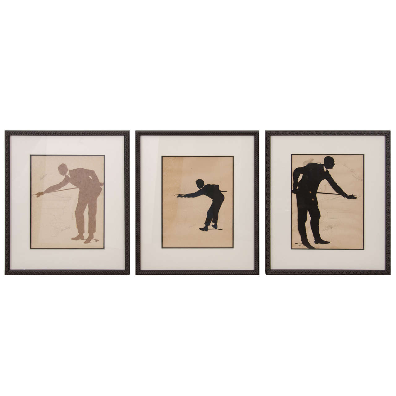 Set of Three Framed Silhouette Billiard Players, Belgian, "Jules, " circa 1900 For Sale