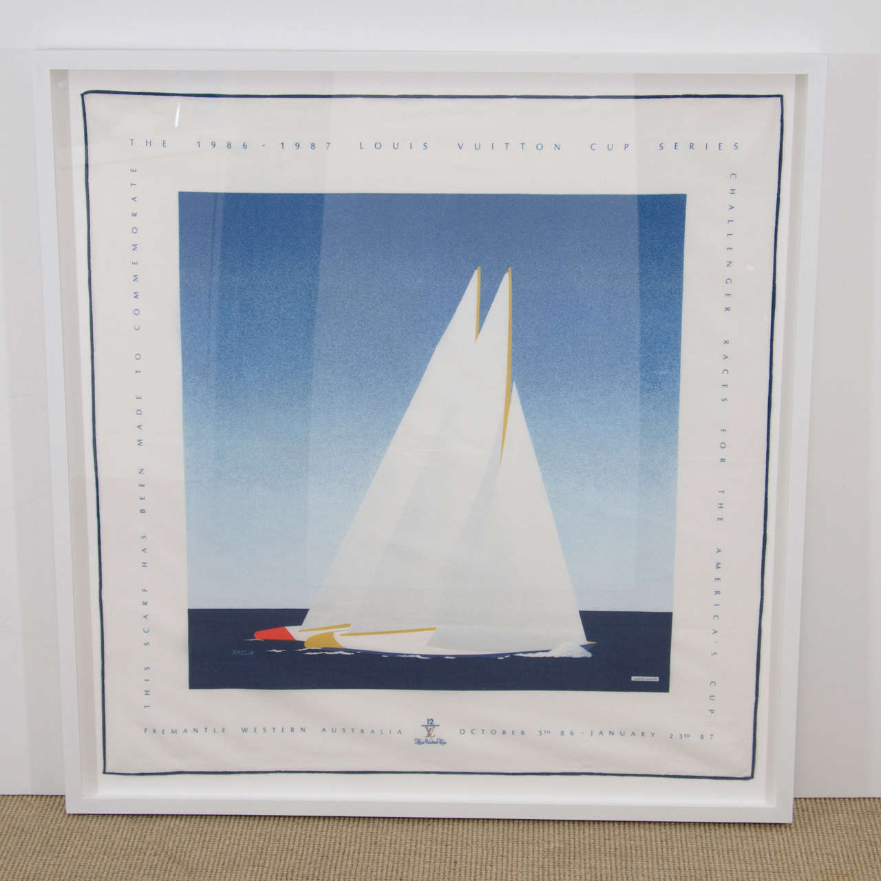 Louis Vuitton 1986-1987 Commemorative Limited Edition Vuitton cup series silk scarf, France. This scarf was made to Commemorate the Louis Vuitton Cup, The Challenger Races for the America's Cup, Fremantle Western Australia, October 5th 1986-January