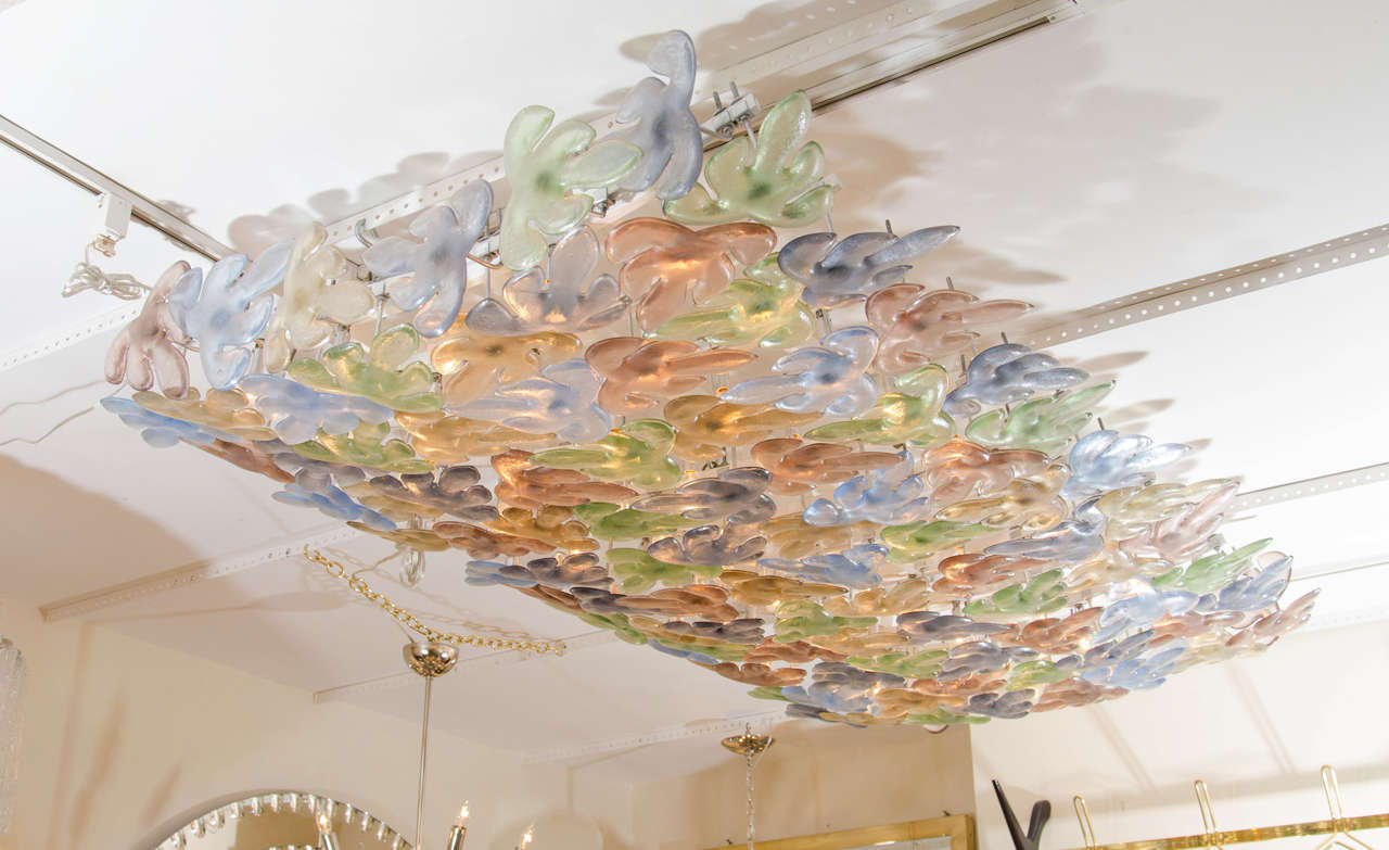Large rectangular ceiling fixture composed of multicolored Murano glass leaves by Flavio Poli for Seguso, for the Hotel Bristol Merano, Italy.