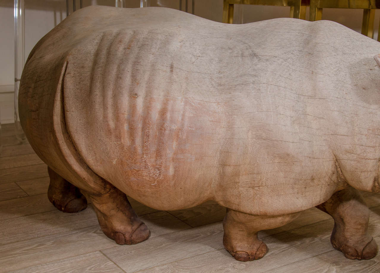 Mid-Century Modern Monumental Wood Rhinoceros Sculpture