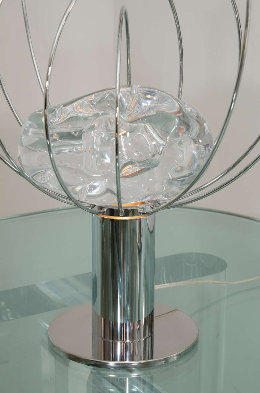 Mid-Century Modern Pair of Chrome Orbital Form Lamps with Rock Crystal Center