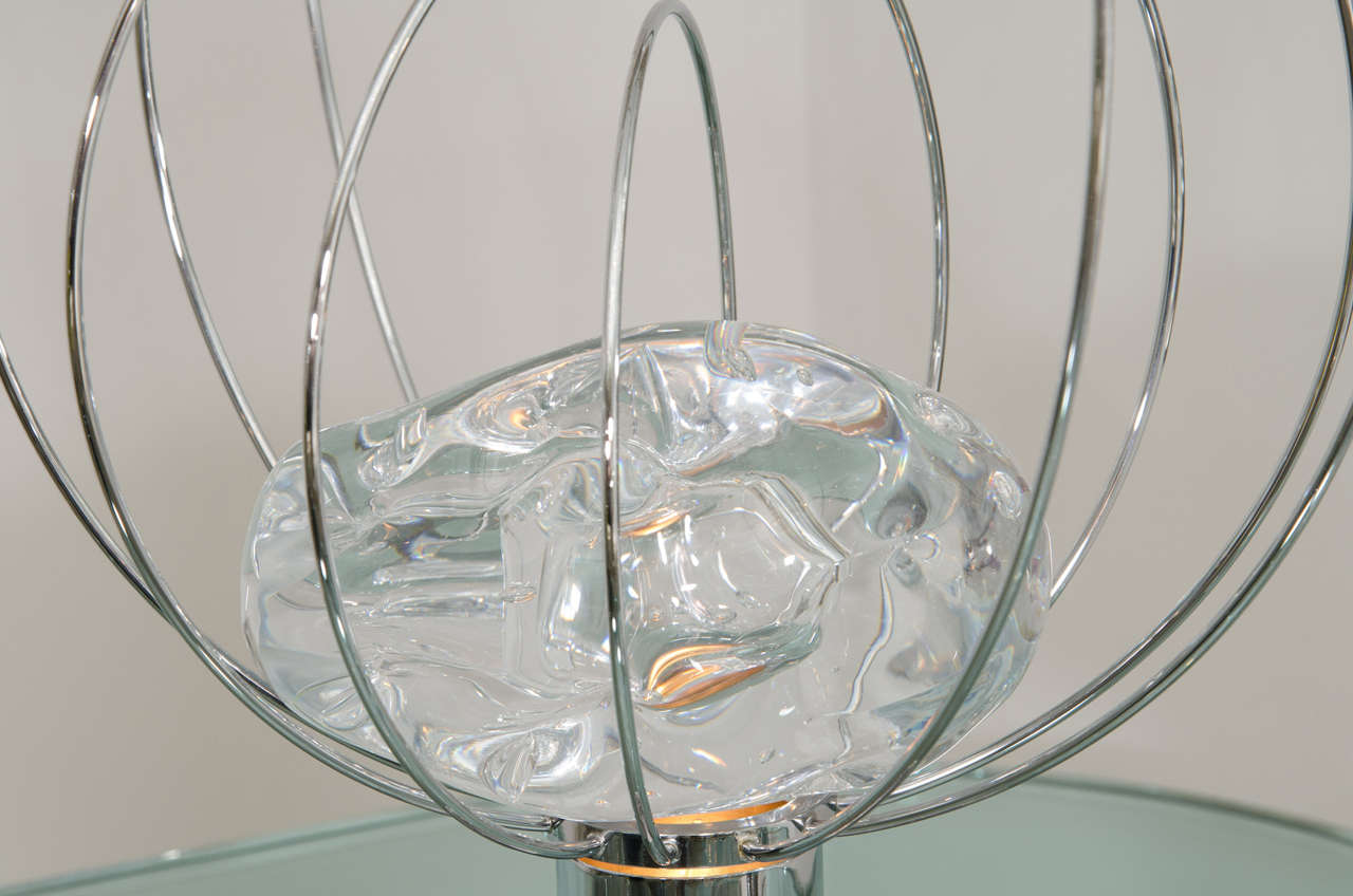 Italian Pair of Chrome Orbital Form Lamps with Rock Crystal Center