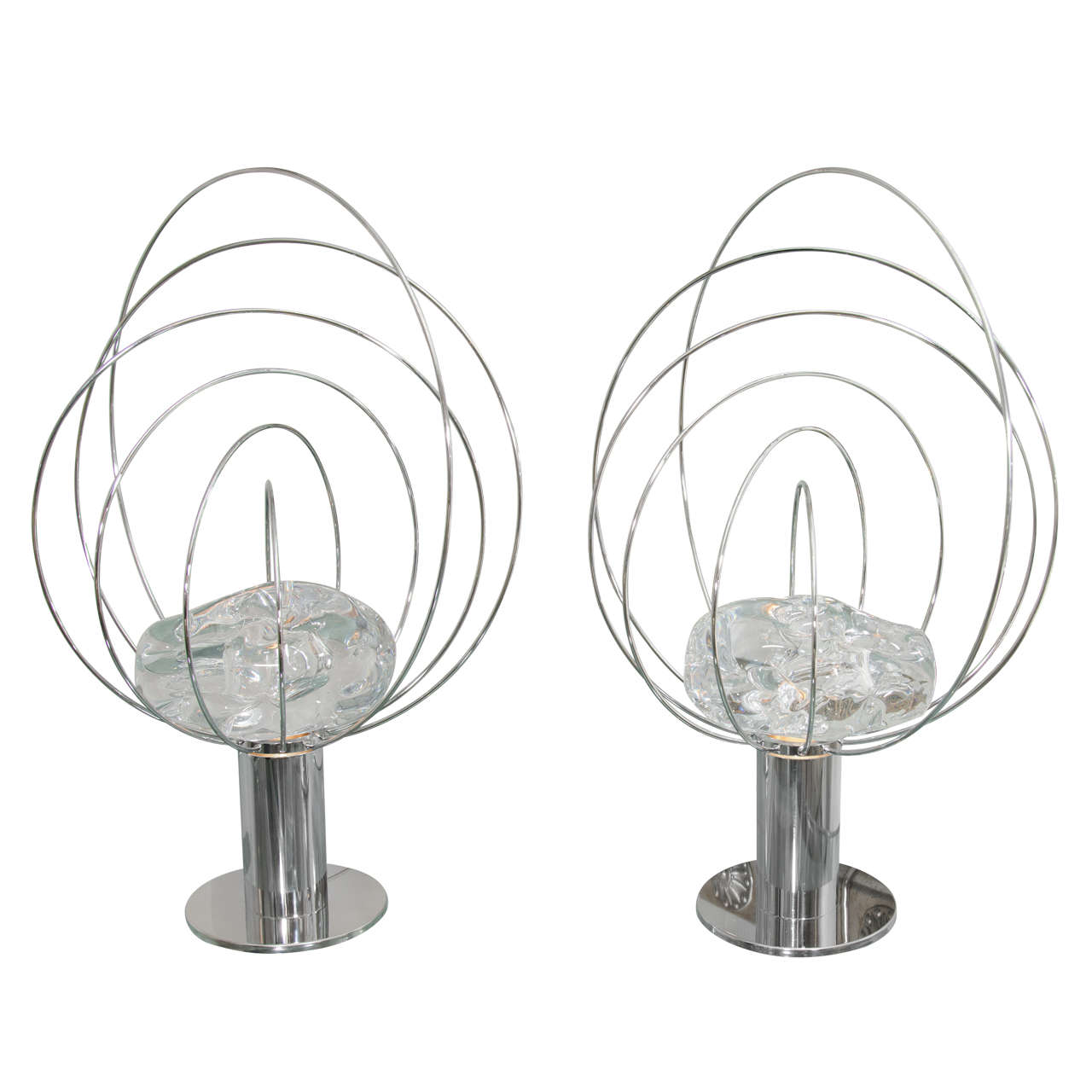 Pair of Chrome Orbital Form Lamps with Rock Crystal Center
