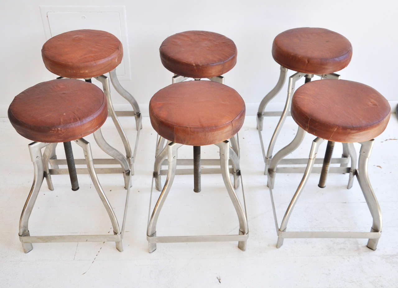 ONE remaining. Vintage Industrial leather stool, adjustable from 20.5