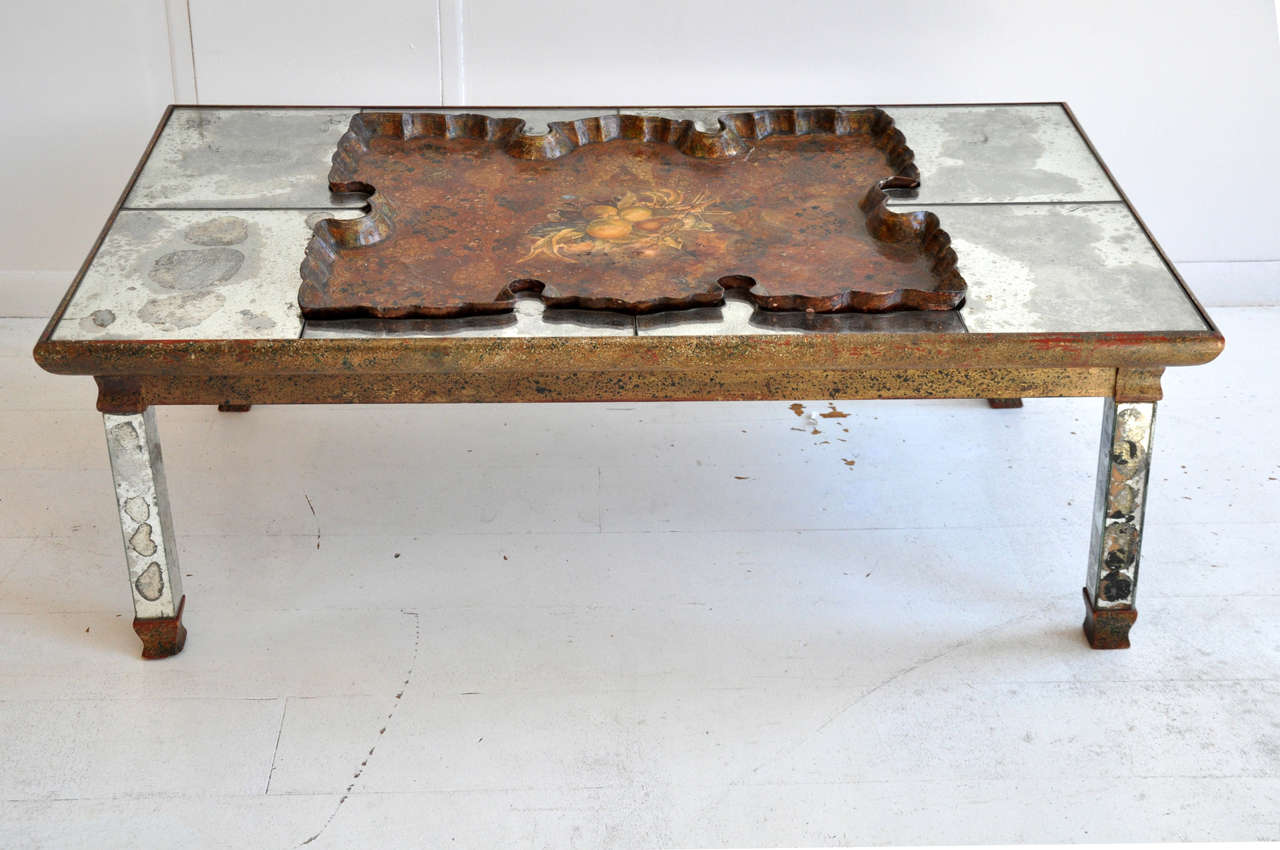Antique mirrored cocktail table with scalloped tray. Tray is given a modern update in a black lacquered paint. 

Please contact for additional updated photos of black lacquered tray.