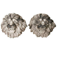 Pair of Travertine architectural Lion Heads.
