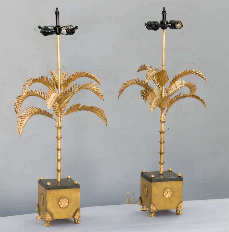 Mid-20th Century Pair of Painted and Gilded Tole Palm Tree Lamps