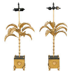 Pair of Painted and Gilded Tole Palm Tree Lamps