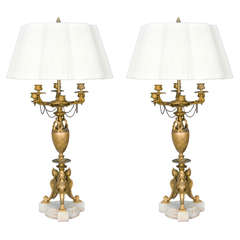 Spectacular Pair of 19th Century Egyptian Revival Gilt Bronze Candelabra Lamps
