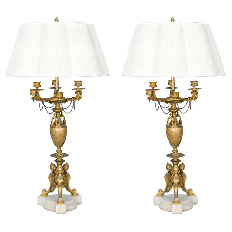 Spectacular Pair of 19th Century Egyptian Revival Gilt Bronze Candelabra Lamps