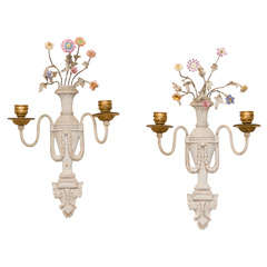 Pair of Bronze Sconces with Porcelain Flowers by E. F. Caldwell