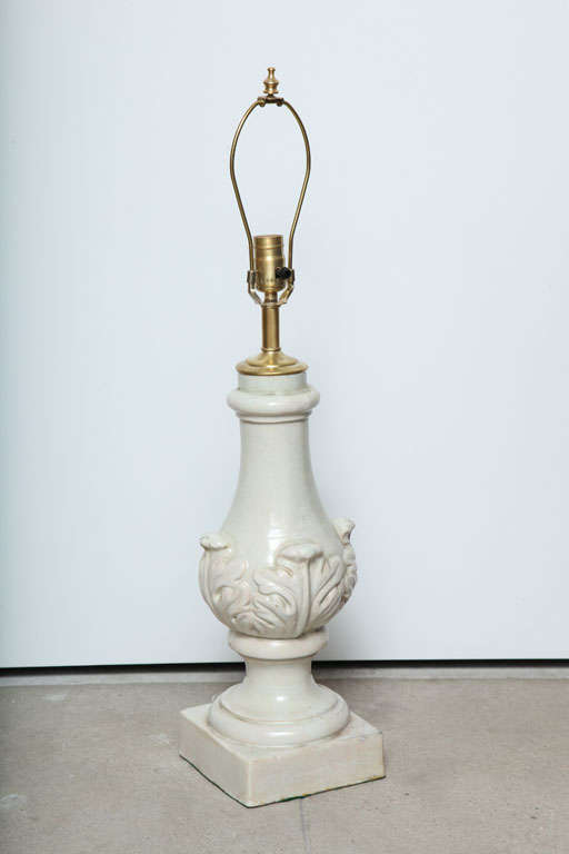 Pair of Porcelain Lamps with Leaf Carvings