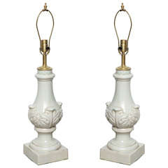 Antique Pair of Porcelain Lamps with Leaf Carvings