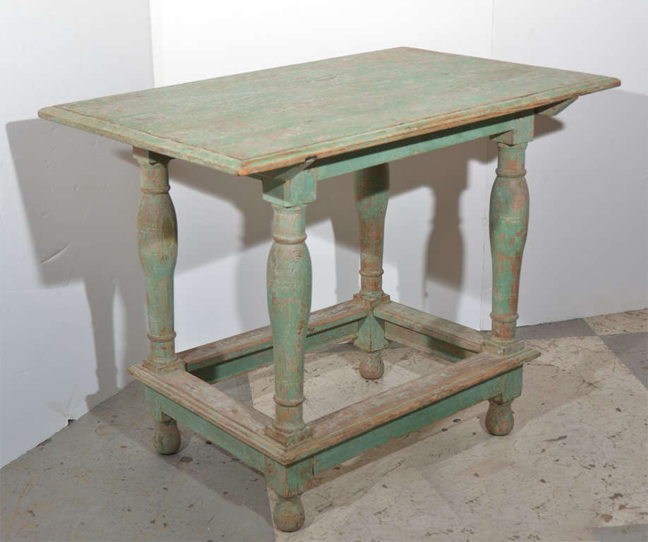 Swedish Table from the 18th c, scraped to original paint, could be floated-  carved on all sides.