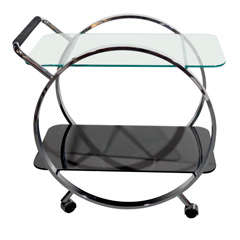 Art Deco Style Two Tier Round Bar Cart in Chrome and Glass