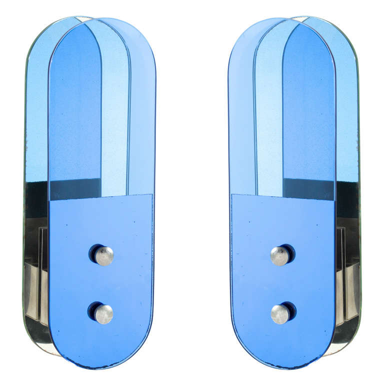 Pair of Ultra Modernist Sconces with Blue Tinted Glass by VECA