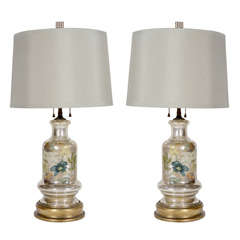 Pair of Elegant Eglomise Mercury Glass Lamps with Gilt Bases