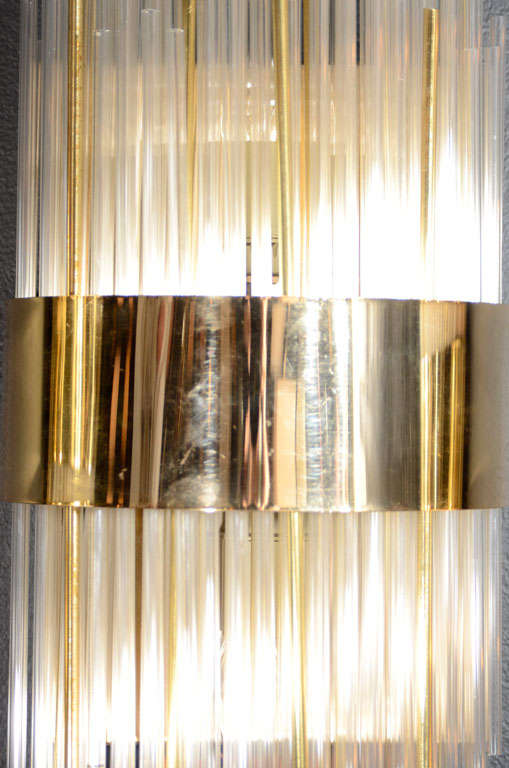 20th Century Modernist Glass Rod and Brass Banded Skyscraper Style Sconce