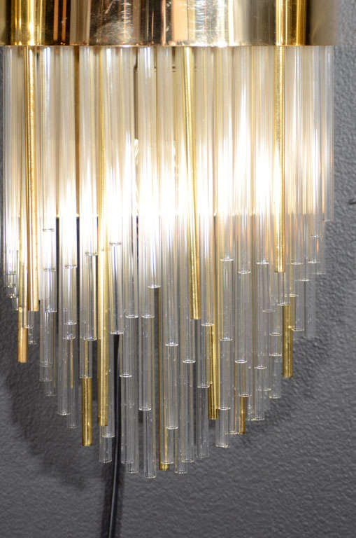 American Modernist Glass Rod and Brass Banded Skyscraper Style Sconce