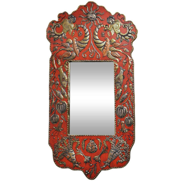 Large Mirror with Leather and Hand-Crafted Brass Details